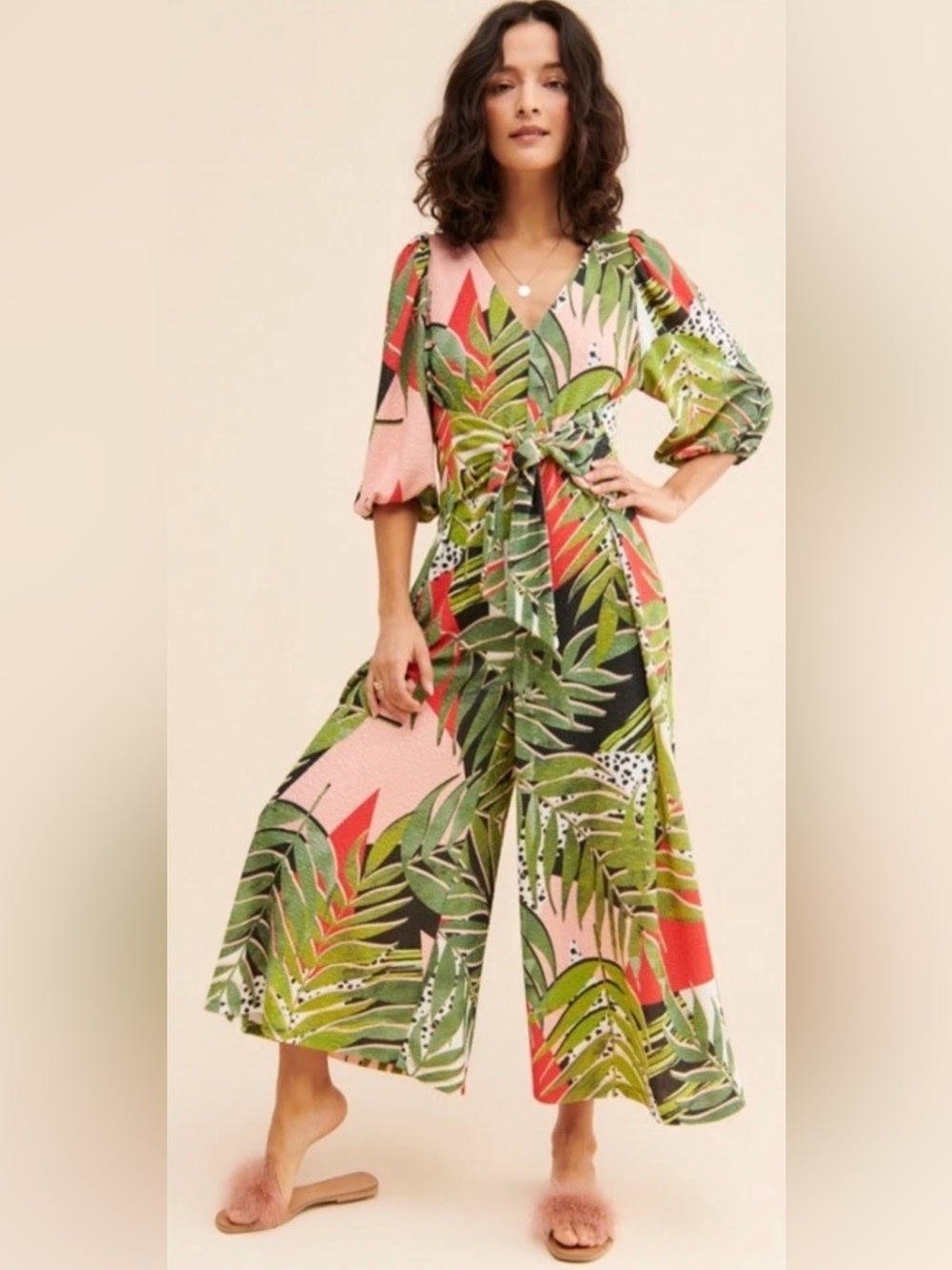 Hutch Anthropologie Women's XS Lost In A Jungle Wide Leg Jumpsuit Floral Leaves